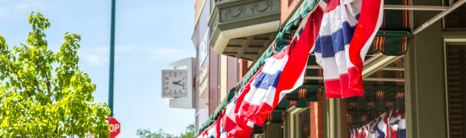 Patriotic bunting on a business in a small town, shallow depth