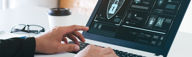 hands typing on laptop computer. computer screen showing concept of cyber security, information security and encryption, secure access to user\'s personal information, secure Internet access, cybersecurity.
