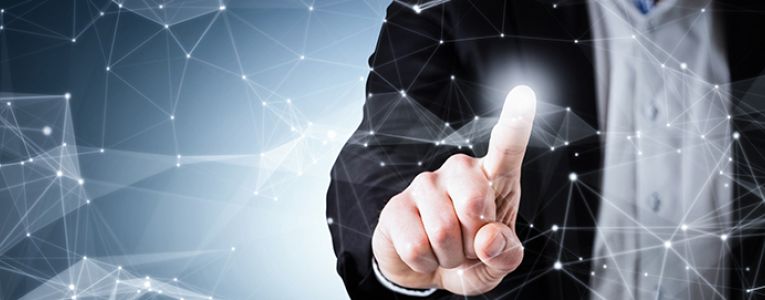 Illustration with nan using index finger to touch the virtual internet